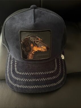 Navy Trucker Hat with Embroidered Dachshund Patch "shadow"